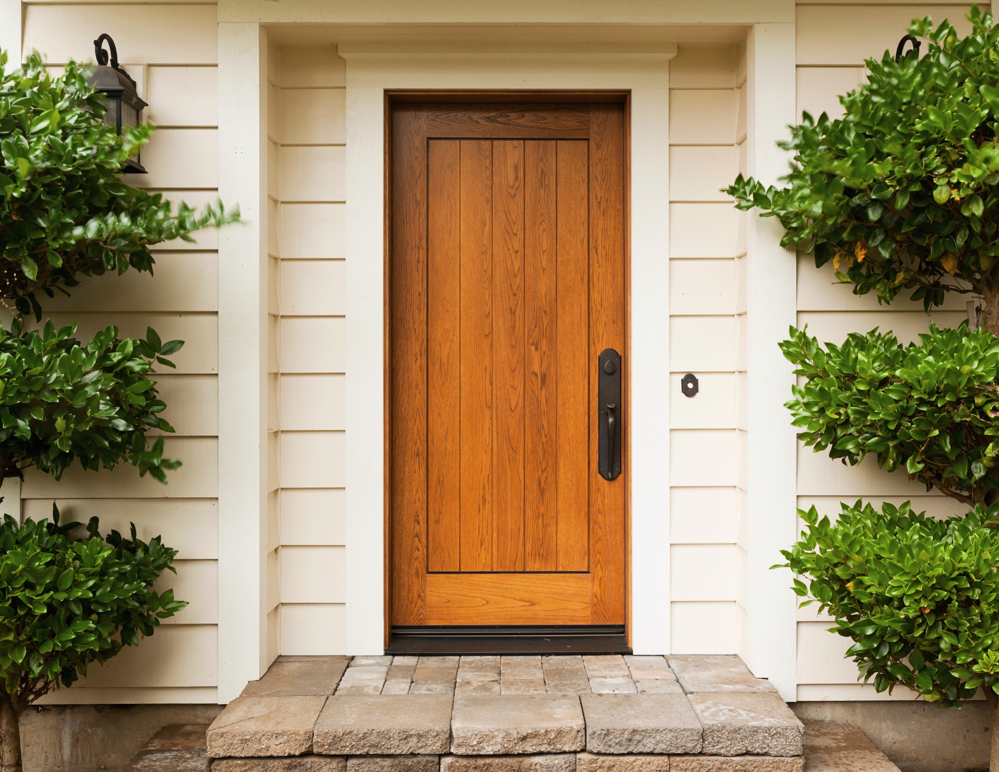 Inviting wood front door of a Metro Detroit rental home